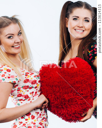 Happy two women holding heart shaped pillow 113614315