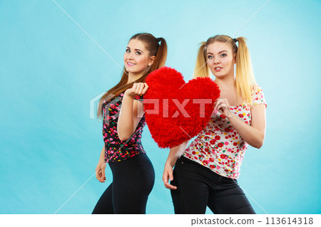 Happy two women holding heart shaped pillow 113614318