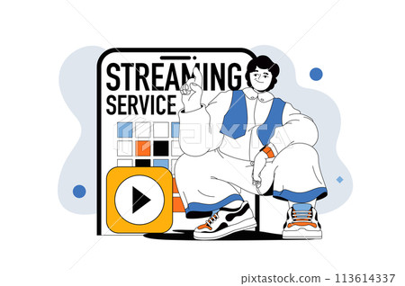 Streaming service outline web modern concept in flat line design. Man watching video or cinema and using online content stream app. Vector illustration for social media banner, marketing material. 113614337