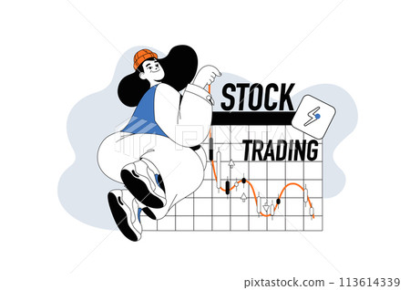 Stock trading outline web modern concept in flat line design. Woman analyzing financial graph and investing money on exchange market. Vector illustration for social media banner, marketing material. 113614339