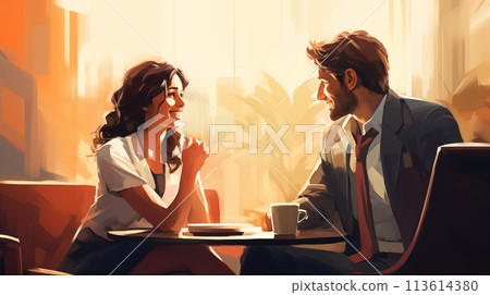 After work, men and women casually chat, unwinding together 113614380