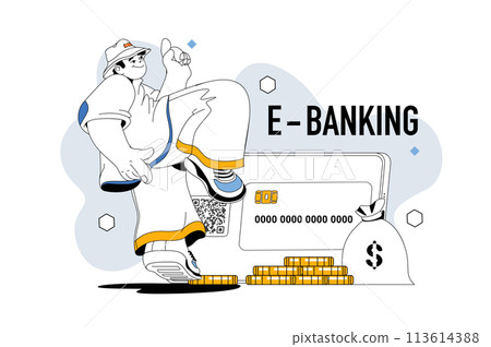 Online banking outline web modern concept in flat line design. Man managing money at financial account, makes online payment in app. Vector illustration for social media banner, marketing material. 113614388