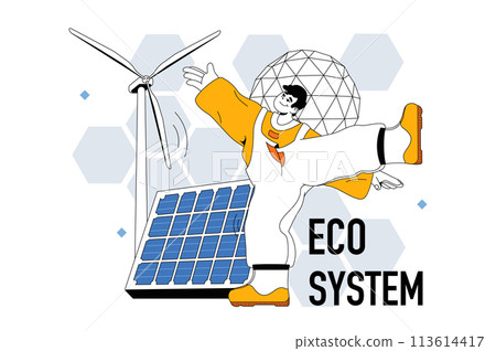 Eco system outline web modern concept in flat line design. Man using solar panels and wind turbines for alternative energy generation. Vector illustration for social media banner, marketing material. 113614417