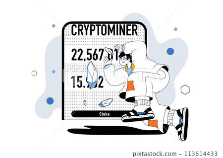 Crypto mining outline web modern concept in flat line design. Man works as crypto miner, trading bitcoins and other digital currency. Vector illustration for social media banner, marketing material. 113614433