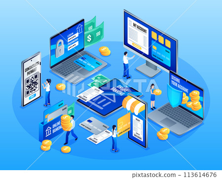 Isometric mobile banking services composition background with people making transactions using big screens 113614676