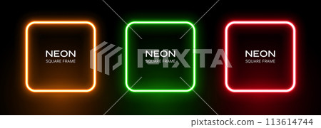 Neon light square frame. Glow box border. Green, red and orange led laser on a black background. Fluorescent vector banners. 113614744