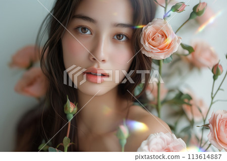 玫瑰花與女性美容形象（護膚、身體護理、美容院） 113614887