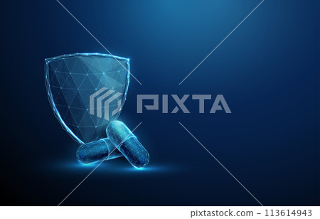 Group of two abstract blue medical drug capsules and futuristic guard shield. Healthcare medical and pharmacy concept. L 113614943