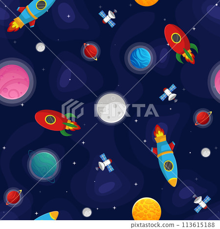 Space cartoon seamless pattern. Cute design for kids fabric and wrapping paper. Planets and stars in the open space. Childish galaxy scene. Space cartoon vector illustration. Space cartoon seamless pattern. Cute design for kids fabric and wrapping paper. Planets and stars in the open space. Childish galaxy scene. Space cartoon vector illustration. 113615188