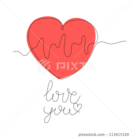 Outline heart with heart beat vector one line continuous drawing illustration. Hand drawn linear silhouette icon. Minimal outline design element for print, banner, card, brochure, logo. 113615189