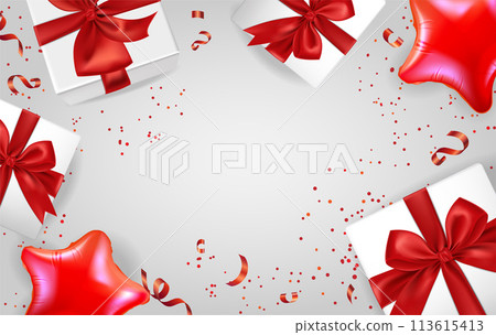 Realistic present background with gift boxes and confetti with a blank space 113615413