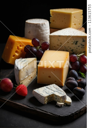 Cheese of different varieties on a black background. 113615755
