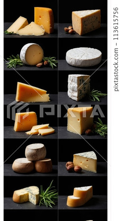 Cheese of different varieties on a black background. 113615756