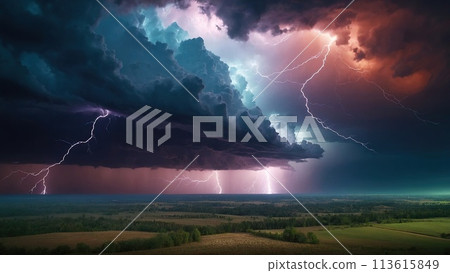 Hurricane clouds and lightning against the horizon 113615849