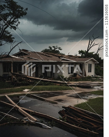 Destroyed homes and infrastructure after the hurricane passes 113616008