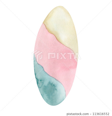 Summer retro surf watercolor illustration. Equipment for beach sport. Surfing board in vintage colors , hand drawn clip art for sea trip, hot season travel card, label, cafe logo 113616552