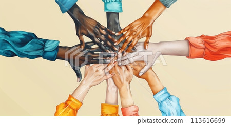 Illustration of diverse hands of different skin tones coming together in unity. 113616699