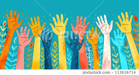 Raised colorful human hands depicting unity in diversity. 113616714