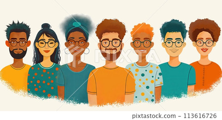 Illustration of different people, men and women from all over the world, various race and nationalities forming unity 113616726