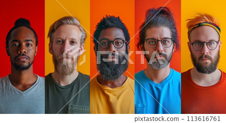 Collage. Portrait of young men of different race and nationality standing against multicolored background 113616761