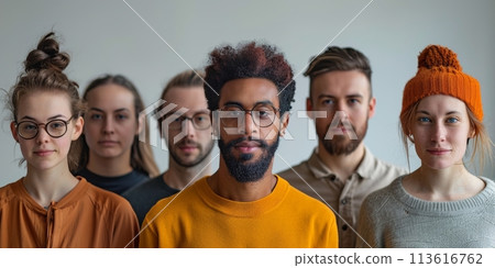 Beautiful young people, men and women of different race and nationality on grey background. Symbol of unity 113616762