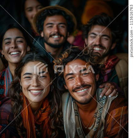 Happy, positive young people of different nationalities, men and women, friends smiling. Unity. 113616763