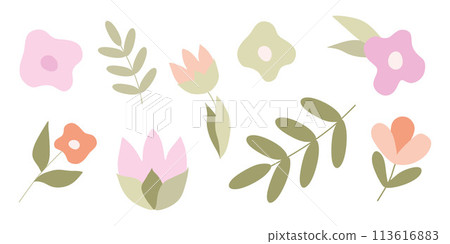 Spring or Summer Leaves and Flowers Flat style Set. Cartoon Vector Floral Collection of Botany Elements isolated on White. Hand drawn Objects for Decoration, Card Design, Logo. Pink Blooming Art Spring or Summer Leaves and Flowers Flat style Set. Cartoon Vector Floral Collection of Botany Elements isolated on White. Hand drawn Objects for Decoration, Card Design, Logo. Pink Blooming Art 113616883