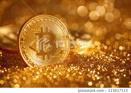 Bitcoin crypto currency on golden background. Ai generative 113617115