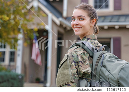 Happy American servicewoman coming back home after serving her country in the military. Ai generative 113617123