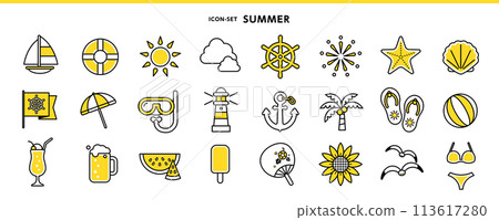 Set of summer icons including fireworks, yachts, lighthouses, anchors, etc. 113617280