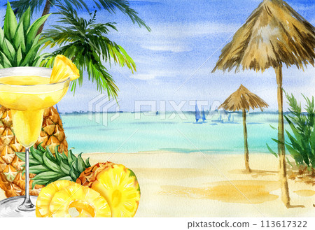 watercolor tropical beach and sea with palm trees, umbrellas and yachts, seascape with fruit pineapple and yellow tropical cocktail, sketch of resort and vacation theme, summer illustration 113617322