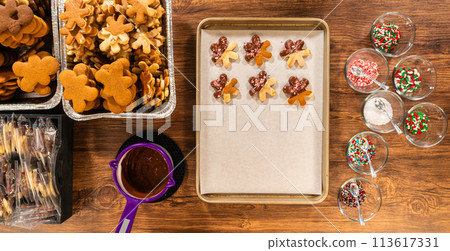 Preparing star-shaped cookies, half-dipped in chocolate, accented with peppermint chocolate chips for the holidays. 113617331