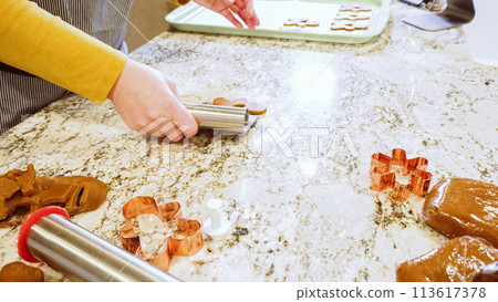 Using various festive cookie cutters, we're cutting out charming gingerbread cookies from the rolled dough on the sleek marble counter, bringing holiday cheer to the modern kitchen. 113617378