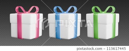 Gift boxes with ribbons, realistic 3d white boxes with colorful bows. Surprise gifts isolated on grey background. 113617445