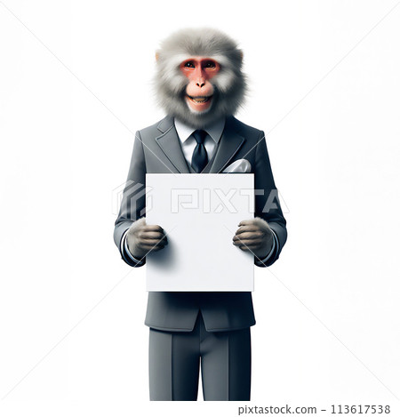 A monkey in a suit holding a white placard A monkey in a suit holding a white placard 113617538