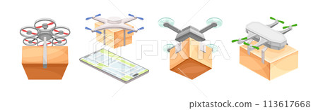 Drone Carrying Cardboard Parcel Box to Point of Destination Vector Set 113617668