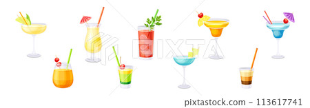 Bright Cocktail Drink Poured in Glass with Straw Vector Set 113617741