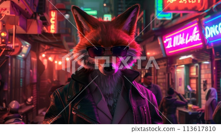 An electric blue fox in a suit and sunglasses is on a city street 113617810
