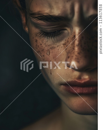 Close up of womans face with tear on cheek and sadness in her eyes 113617858