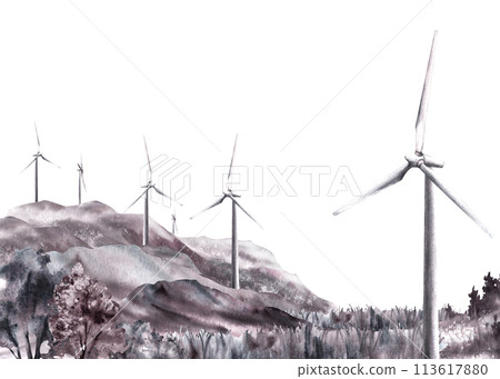 Monochrome landscape with windmills, wind turbine on hills, mountain, field with grass trees Hand drawn watercolor illustration Green energy, environmental protection isolated clipart white background 113617880