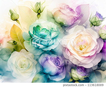 彩色玫瑰框，水彩插圖 113618089
