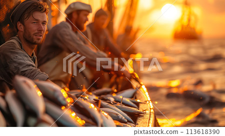 A group of fishermen is on a big boat in the sea. They are taking fish out of the nets, pulling them up one by one. Hardworking fishermen are hauling in their catch form the nets Generative AI. 113618390