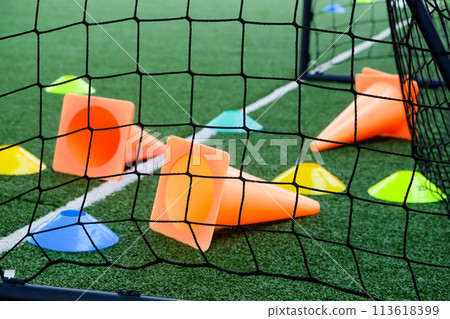Soccer goal and cones on green artificial turf 113618399