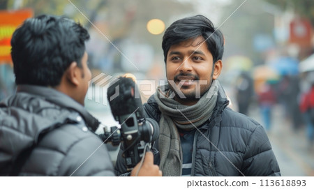 Indian man being interviewed on busy street, with interviewer holding microphone and camera. 113618893