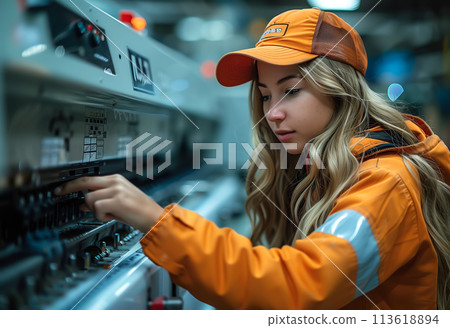 A hardworking female worker is busy at work inside a factory. A woman worker focuses on tasks and contributing to the production process. Generative AI. 113618894