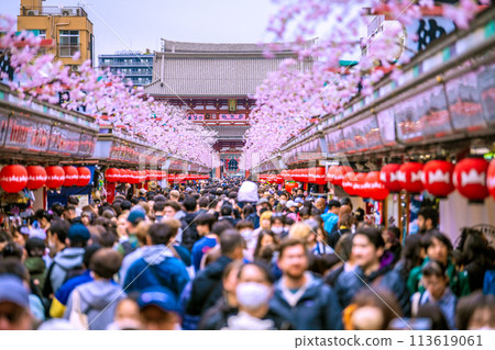 Tokyo cityscape in April. After the coronavirus pandemic, inbound tourism has fully returned, and Sensoji Temple is bustling with foreign tourists. 113619061