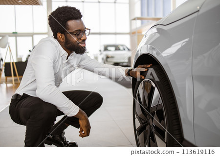Smiling businessman wants to buy new automobile. 113619116