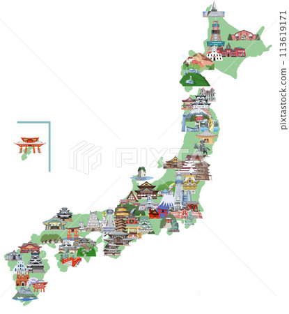 Illustrated map of tourist spots in Japan, Yellow 113619171