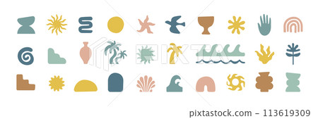 Boho groovy palm tree beach sun sea stickers. Surf club vacation and sunny summer day aesthetic. Vector illustration background in trendy retro naive simple style. Pastel yellow blue braun colors. Boho groovy palm tree beach sun sea stickers. Surf club vacation and sunny summer day aesthetic. Vector illustration background in trendy retro naive simple style. Pastel yellow blue braun colors. 113619309