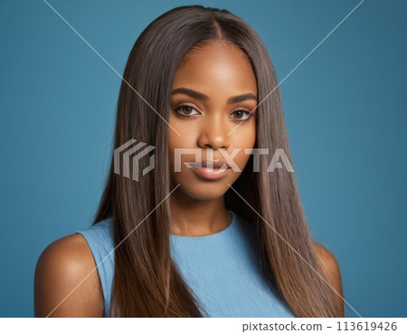 African American woman in a blue outfit. 113619426